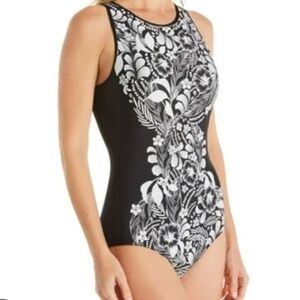 Jantzen High Neck Striking Hibiscus Floral Print One-piece Swimsuit Size 6
